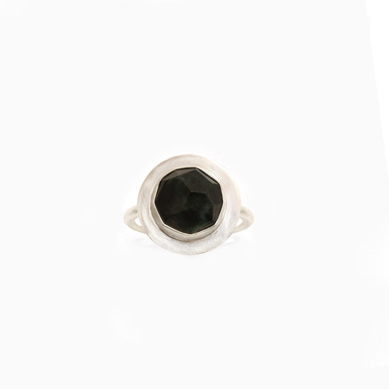 Black Jade Faceted Silver Ring with Silver Edge