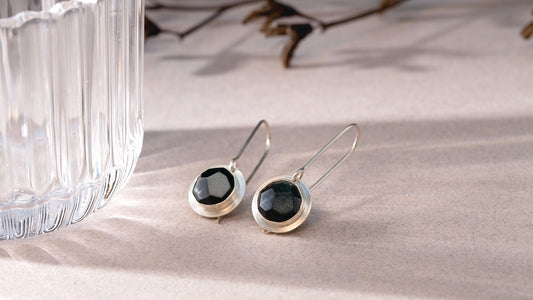 Black Jade Faceted Drop Earrings with Silver Edge