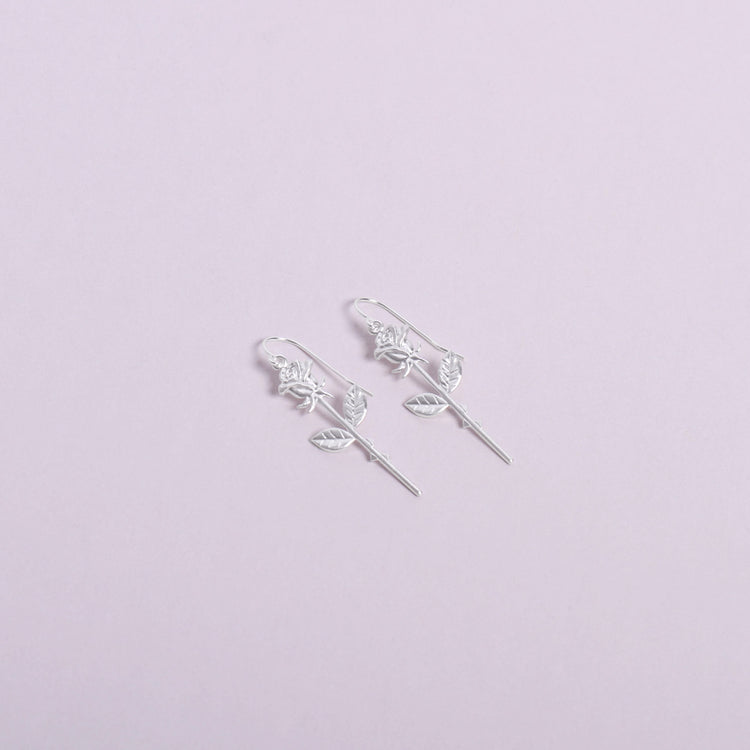 Single Rose Sterling Silver Drop Earrings